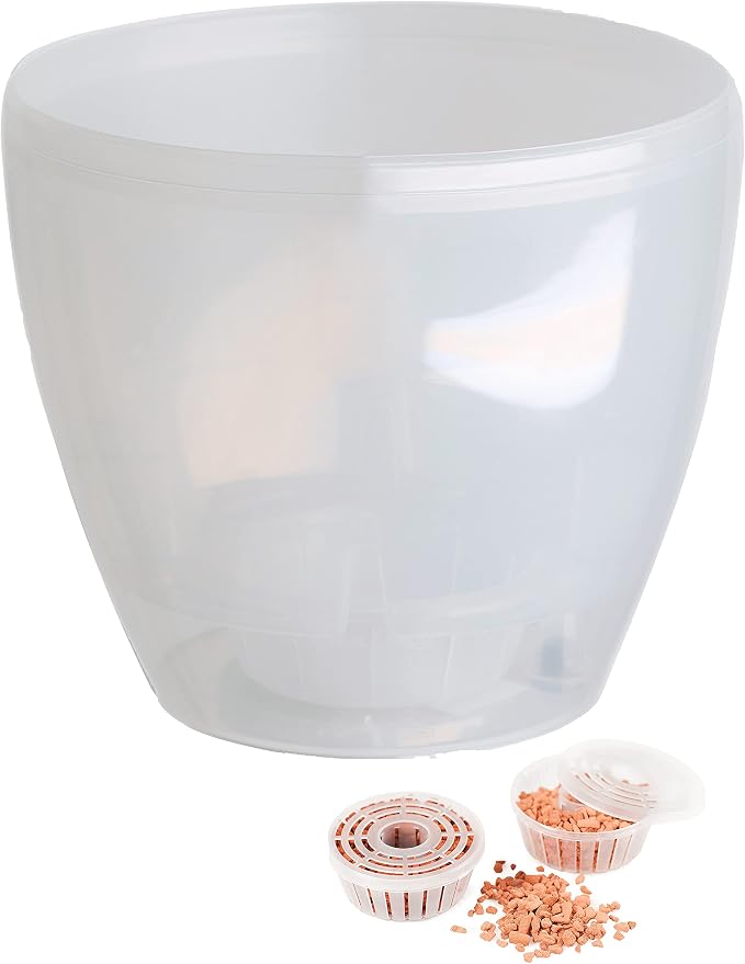 DECOPOTS - Self Watering Planter - Indoor Decorative Flower Pot with Drainage Cartridge and Water Level Indicator (Diameter 11.2", Transparent)