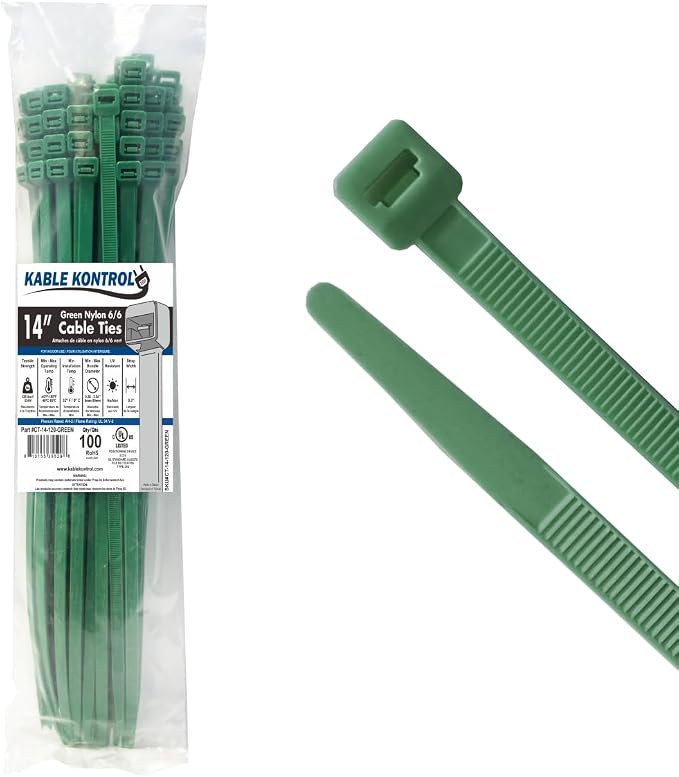 Kable Kontrol Green Zip Ties 14 Inch 100 Pcs, 120 Lbs Tensile Strength, Self-locking Nylon Colored Cable Ties Wire Wraps for Indoor or Outdoor Use