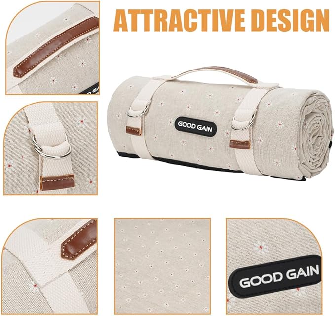 G GOOD GAIN Picnic Blanket Waterproof, Linen Feel Outdoor Blanket Extra Large - Foldable Beach Mat with Carry Strap for Camping, Park, Travel (White Flower)