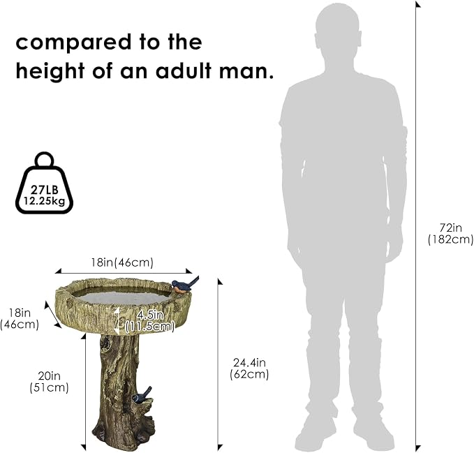 SKYFIRE Bird Baths for Outdoor - 24.4" Tall Pedestal Birdbath with Bird, Fibre Reinforced Concrete with Woodland Tree Trunk Décor Modern and Durable,Bird Bath for Outside, Garden, Patio,Lawn,Backyard