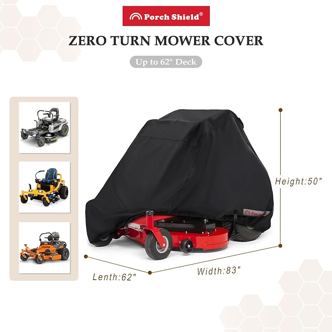 Porch Shield Zero Turn Mower Cover - Waterproof Heavy Duty Riding Lawn Tractor Cover (Up to 62 inches Decks, Black)