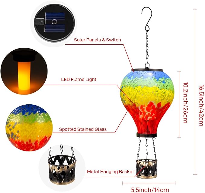 Starsoul Hot Air Balloon Solar Lantern with Flame Glass Hot Air Balloon Solar Light Waterproof Hanging Outdoor Lantern for Garden Yard Patio Decor