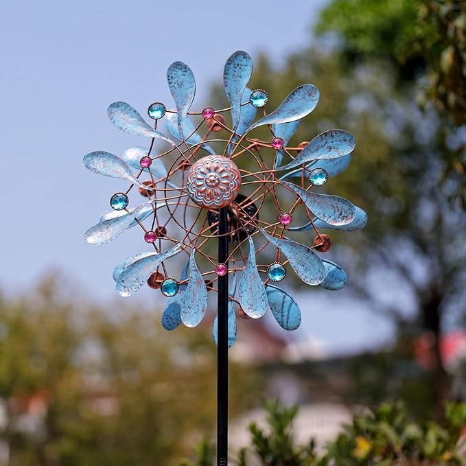 Stargarden Wind Spinners Outdoor, Large Kinetic Wind Spinner | Waterproof Blue Pinwheels with 4 Sturdy Stake, Metal Windmill for Yard, Porch Decor (21*90 Inches)