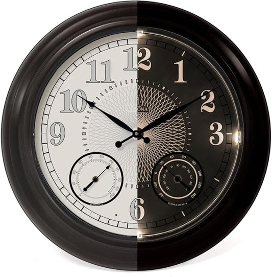 24 inch Illuminated Outdoor Clock for Patio, Waterproof with Thermometer - Large Night Light Wall Clock with Smart LED Sensor, Temperature and Humidity - Weatherproof & Easy to Read for Patio & Home