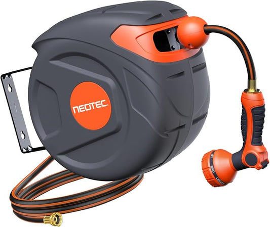 33ft Retractable Garden Hose Reel 1/2 inch, Compact Wall Mount Water Hose with Easy Rewind System, Space-Saving Hose Box for Small Patio, Deck & Balcony, 9-Function Nozzle Included
