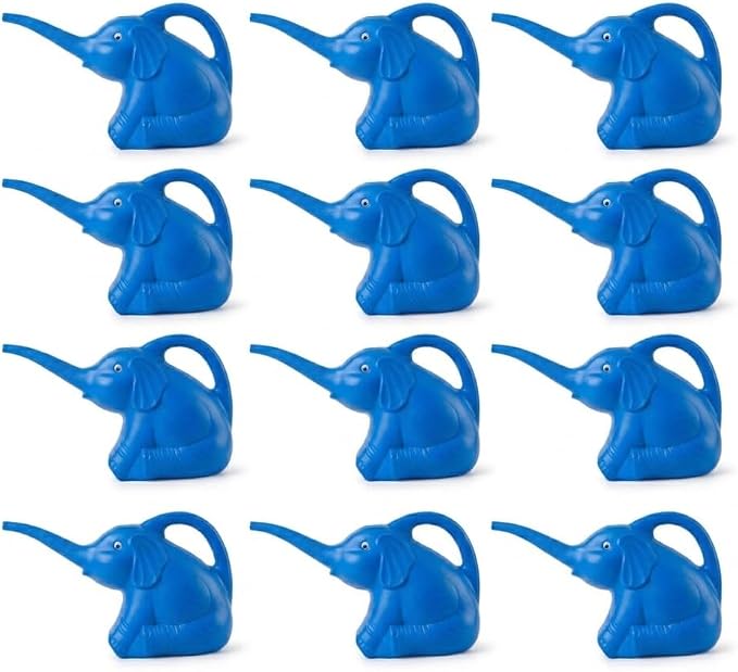 PMU 12Pcs 2-Quart Elephant Watering Can – Durable Plastic Garden Watering Can for Indoor & Outdoor Plants, Easy-Pour Spout, Large Water Pot, Blue