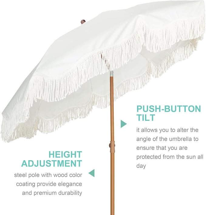 AMMSUN Boho Fringe Umbrella Outdoor Patio, 6.5ft UPF50+ Picnic Umbrella with Tassels with Steel Pole and Push Button Tilt, Antique White