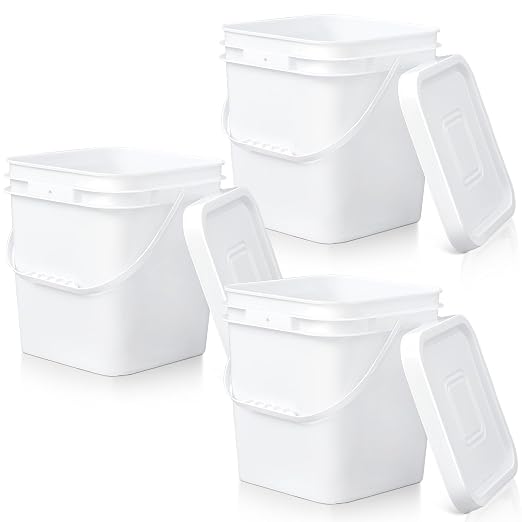Mumufy 3 Pcs 3.5 Gallon Square Food Grade Bucket with Lid Square Bucket Pail Plastic Handles for Long Term Food Storage, Camping, Fishing, Home Organization Easy Stack and Store (White)