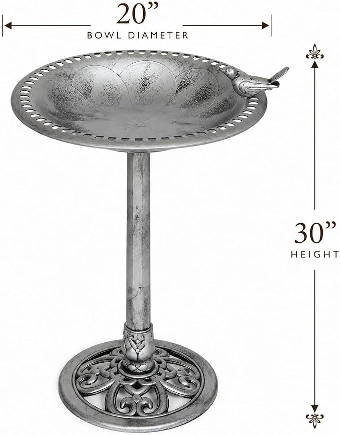 Backyard Expressions Outdoor Garden Bird Bath with Bird - Silver - Weather Resistant Polyresin - 30 Inch
