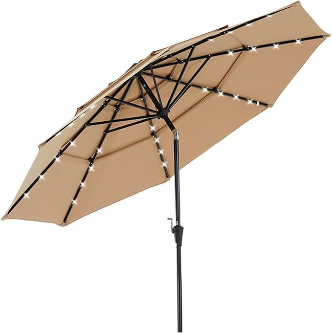 DUMOS Outdoor Solar Patio Umbrella 3 Tiers with 32 LED Lights, Beach Market Table Umbrella with Crank and 8 Sturdy Ribs for Pool, Terrace, Restaurant