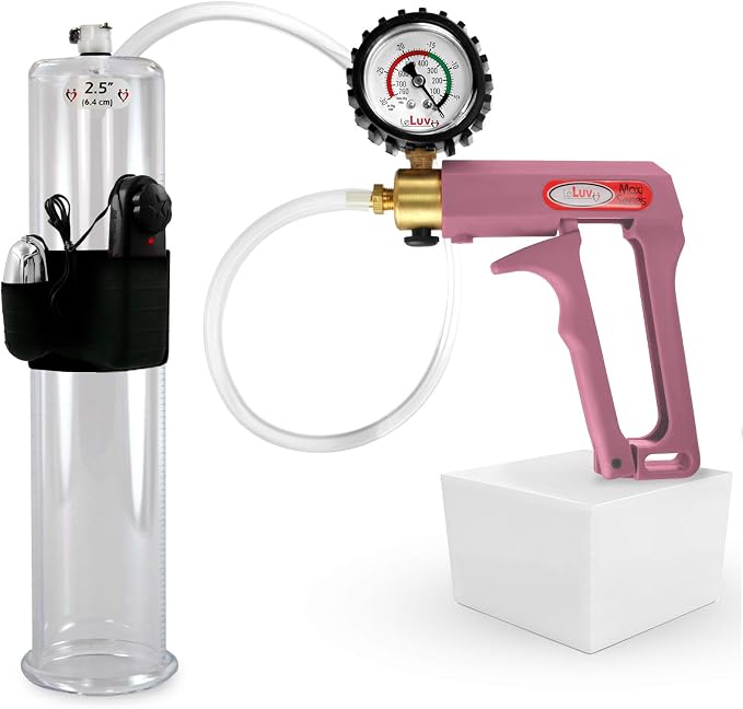LeLuv Vibrating Penis Pump Maxi - Pink Nylon Handle + Protected Gauge - Bundle with Clear Hose - 12 inch Length x 2.50 inch Diameter Cylinder