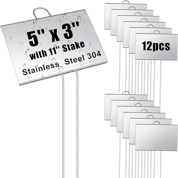 Landhoow 12 Pcs Large Garden Plant Markers Metal Plant Labels Sign 5'' x 3'' with 11'' Stake Weatherproof Waterproof Garden Sign for Outdoor Seedlings Herbs Vegetable Greenhouse, Silver