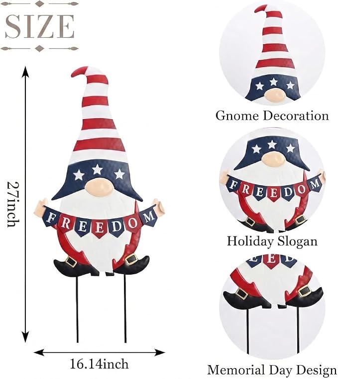 TERESA'S COLLECTIONS 4th of July Decorations, Patriotic Decorations for Memorial Day, 250th Independence Anniversary Metal Gnome Yard Art Stake, Freedom Outdoor Garden Lawn Patio Decor, 27''