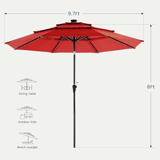 DUMOS Outdoor Solar Patio Umbrella 3 Tiers with 32 LED Lights, Beach Market Table Umbrella with Crank and 8 Sturdy Ribs for Pool, Terrace, Restaurant