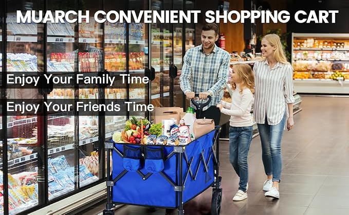 Wagon Cart Shopping Cart Large Capacity Collapsible Wagon with Wheels On Beach Garden Outdoor Utility Carts for Grocery All Terrain Portable Wagons Carts for Groceries Sand Camping Sports Blue