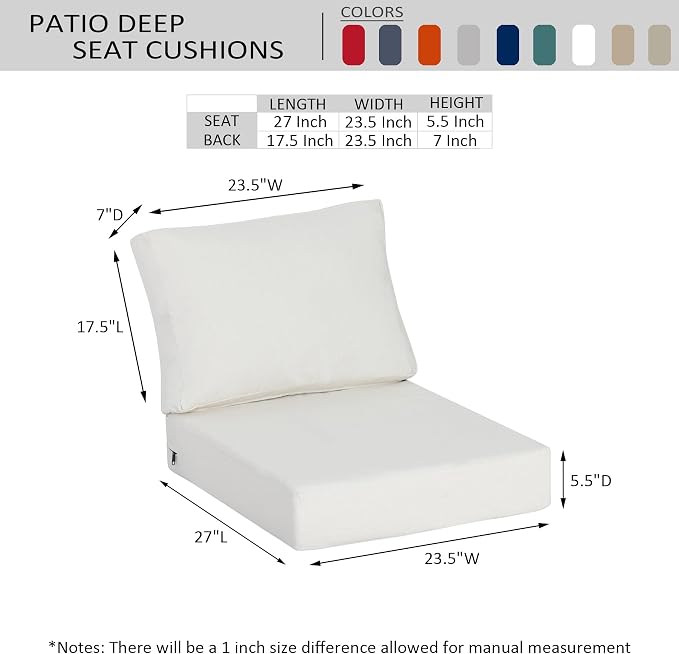 23.5"x27" Outdoor Deep Seat Patio Cushions Set of 2, Deep Seat Bottom Resilient Foam Filling Water-Resistant Stain-Resistant UV Resistant Weather Resistant with YKK Zippers, Almond