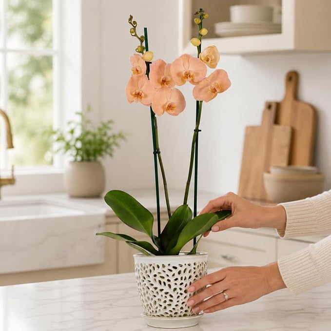 Elegant Orchid Pot with Holes, Large 6.5 inch Premium Porcelain Ceramic Orchid Pot for Repotting, Durable Ceramic Planter with Removable Saucer for Easy Drain, Planter Gifts for Moms