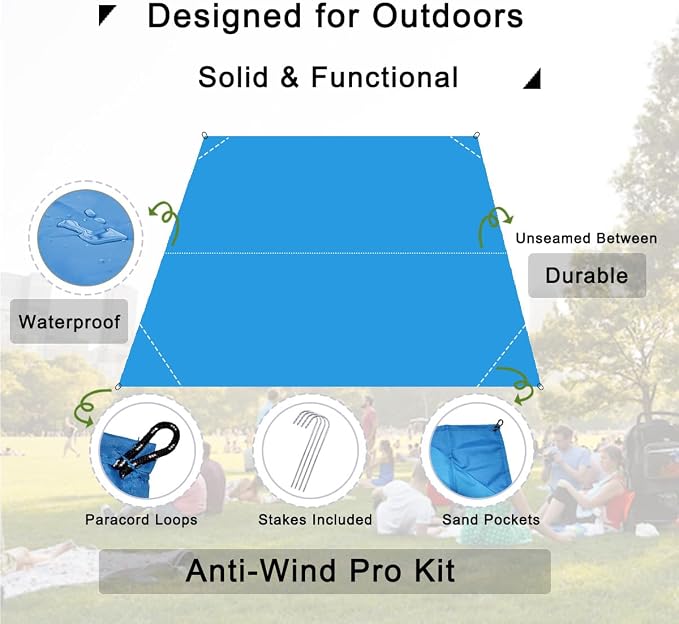 Outdoor Pocket Blanket, 55"x39" Waterproof Foldable Compact Small Picnic Blanket, Ultralight Tarp for Camping, Festival, Beach, Hiking, Backpacking, Travel, Stakes Included (Sky Blue)