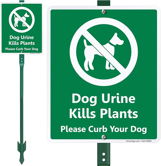 SmartSign 12 x 10 inch “Dog Urine Kills Plants - Please Curb Your Dog” LawnBoss Yard Sign with 3 foot Stake, 40 mil Laminated Rustproof Aluminum, White and Green, Set of 1