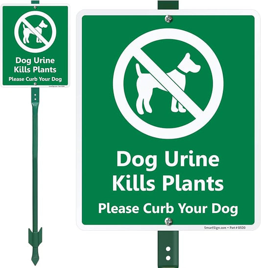SmartSign 12 x 10 inch “Dog Urine Kills Plants - Please Curb Your Dog” LawnBoss Yard Sign with 3 foot Stake, 40 mil Laminated Rustproof Aluminum, White and Green, Set of 1