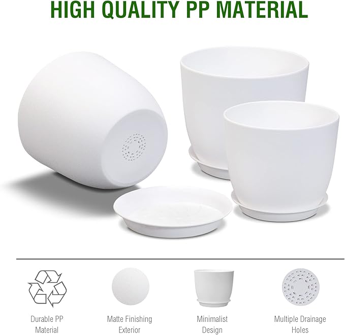 WSMKSZ 10/9/8 inch Medium Flower Pots, 3 Pack Modern Decorative Plastic Planters with Drainage Holes and Tray, Plant Pots for Indoor Outdoor Plants, White