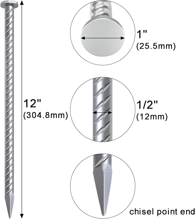 VVOKGO 12 Inch Rebar Stakes Metal Asphalt Anchoring Spikes Ground (16pcs), 1/2 Inch Diameter Galvanized Landscape Anchors Heavy Duty for Speed Bump, Handicap Threshold Ramps, Parking Limits Curb, Tarp
