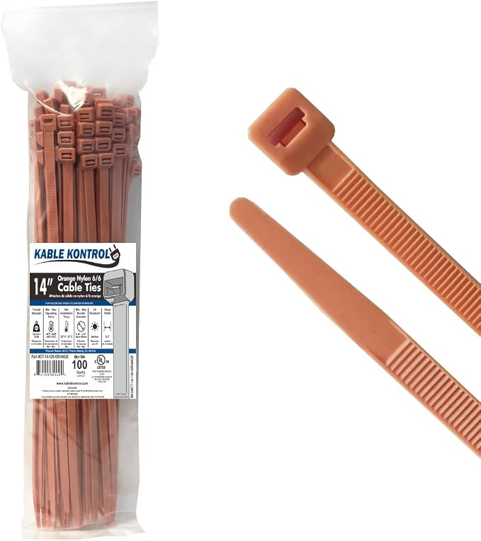 Kable Kontrol Orange Zip Ties 14 Inch 100 Pcs, 120 Lbs Tensile Strength, Self-locking Nylon Colored Cable Ties Wire Wraps for Indoor or Outdoor Use
