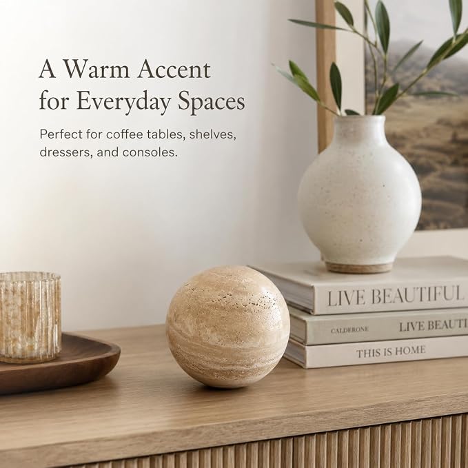 Natural Travertine Decorative Sphere, 3.94 Inch Stone Ball Decor, Hand-Polished Beige Orb Accent for Coffee Table, Shelf, Dresser and Living Room