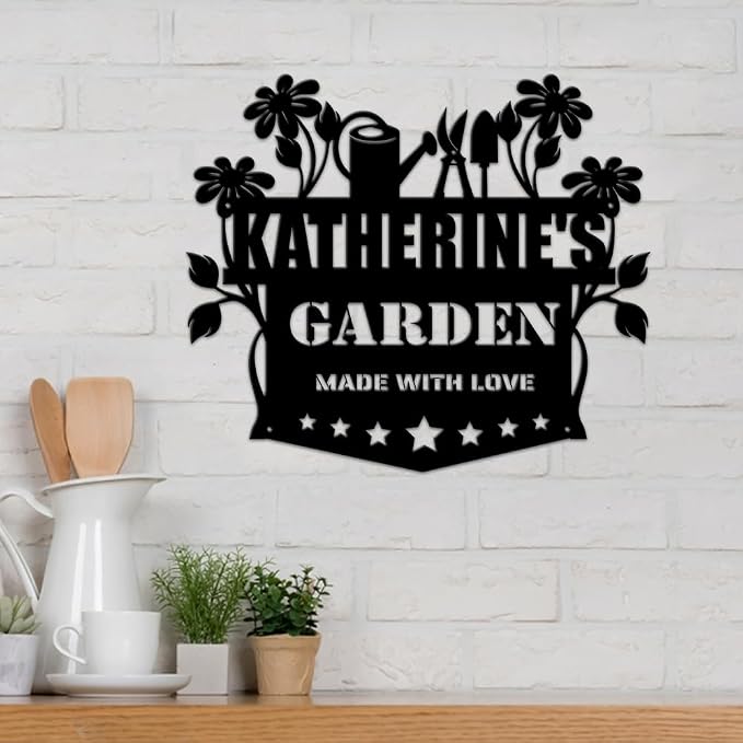 MeMate Garden Sign, Garden Signs for Outdoor Decor, Personalized Metal Signs Garden, Customized Name Wall Art, Large Sign for She Shed Vegetable Garden Porch Deck, Personalized Outdoor Plaques