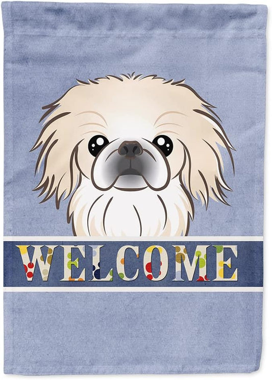 Caroline's Treasures BB1407CHF Pekingese Welcome House Flag, Blue Large Porch Sleeve Pole Decorative Outside Yard Banner Artwork Wall Hanging, Polyester, House Size, Multicolor