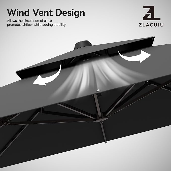 9x12FT Grey Cantilever Outdoor Patio Umbrella with Base, Large Rectangular Offset Design, Double Top Heavy Duty Aluminum Frame & 360° Rotation for Pool Garden Deck Backyard, Beige