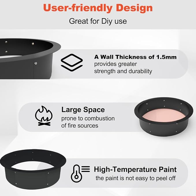 Koutemie Outdoor Fire Pit Ring Liner 40-Inch Outer/36-Inch Inner Diameter, Heavy Duty Solid Metal Steel Round Firepit Rim Insert for Outside DIY Campfire Ring Above or In-Ground, Black