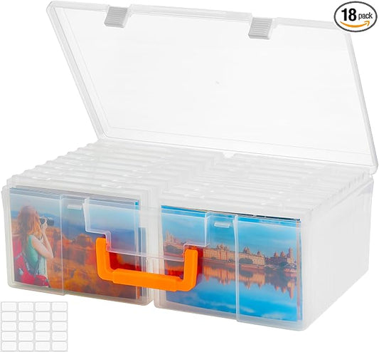 ALINK Photo Storage Box 5" x 7" with Handle, 18 pcs Inner Photo Container Organizer and Craft Keeper, Portable Picture Case with Label for Arts, Crafts, Sewing, Stickers, Office - Clear