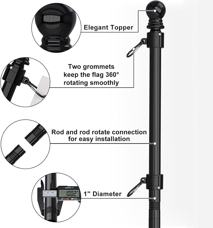 ZMTECH American Flag with Pole- 6FT 1" Stainless Steel Flag Poles with Holder for Outside House, Upgraded Tangle Free Rings and Bracket, Residential or Commerical (Black, No Light)