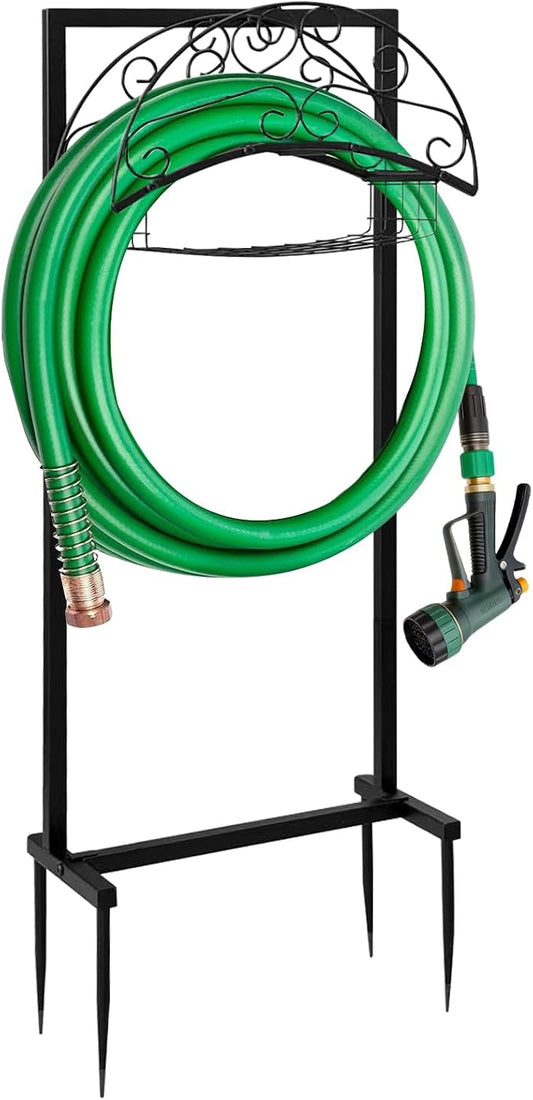 Heavy Duty Freestanding Garden Hose Reel with Storage Basket - Outdoor Hose Holder, Water Hose Storage Rack & Hanger for Yard, Lawn, Farm - Easy Roll for Outside