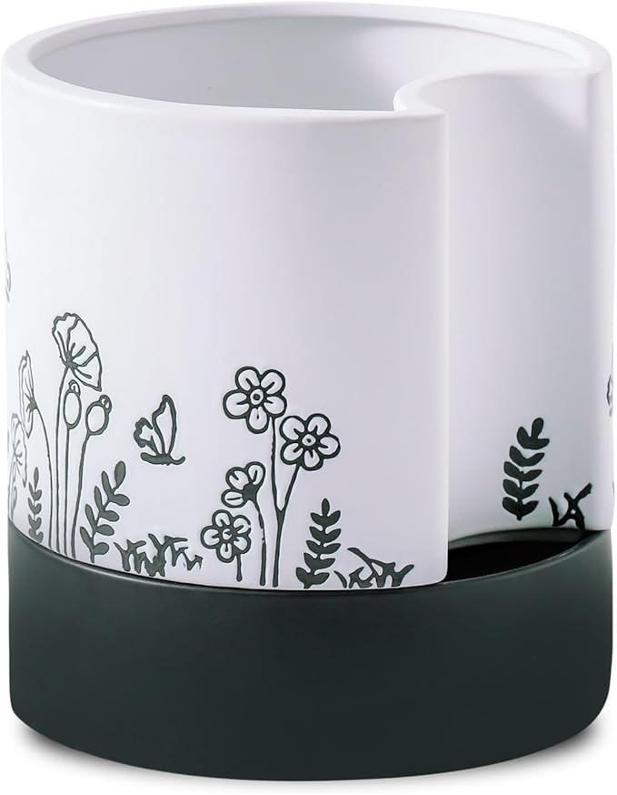 Nihow Self Watering Pots for Indoor Plants,8 Inch,White,Hand Painting | Ceramic Planter, Drainage Hole & Water Storage Plus, Cylinder Round Flower Pot, For Succulent/Herbs/Violets