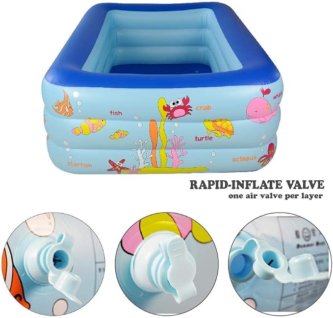 Inflatable Swimming Pool with Inflatable Soft Floor, 70" x 55" x 24" Blow Up Pool for Kids and Adults, Ocean World Kiddie Pool for Backyard, Garden, Outdoor, Party