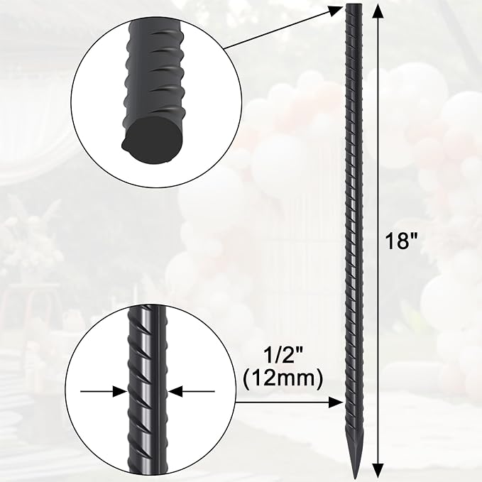 Rebar Stakes 18 Inch Heavy Duty 1/2 Inch Dia Steel Ground Anchors 16 Pack | Straight Landscape Timber Spikes with Chisel Point End for Plant Support, Concrete Form and Fence, Black
