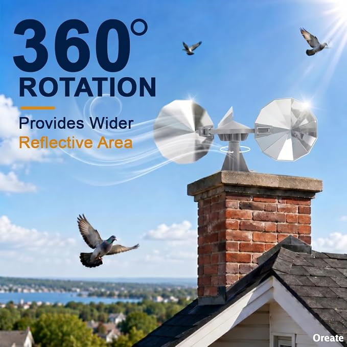 2 Pack Bird Scare Reflective Device with ABS Base for Outside | 3 Polygonal Double-Sided Chrome Blades, Outdoor Bird Reflectors for Pigeons Woodpeckers and Sparrows for Roof Garden Boat