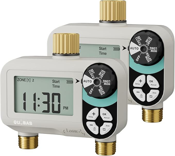 QUOBAS Zero Pressure Sprinkler Timer with Child Lock, Programmable Water Timer for Garden Hose with Brass Ports, Rain Delay/Manual/Auto Irrigation System, 2 Zone Watering for Rain Barrel, 2 Pack