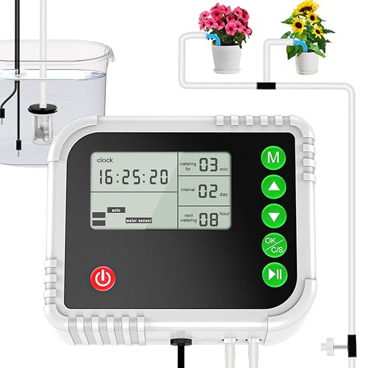 Lewisia Automatic Drip Irrigation System, Indoor Self Watering Kit with LCD Timer Display for 15 Potted Plants Water Shortage Protection, USB Rechargeable, DIY Plant Waterer