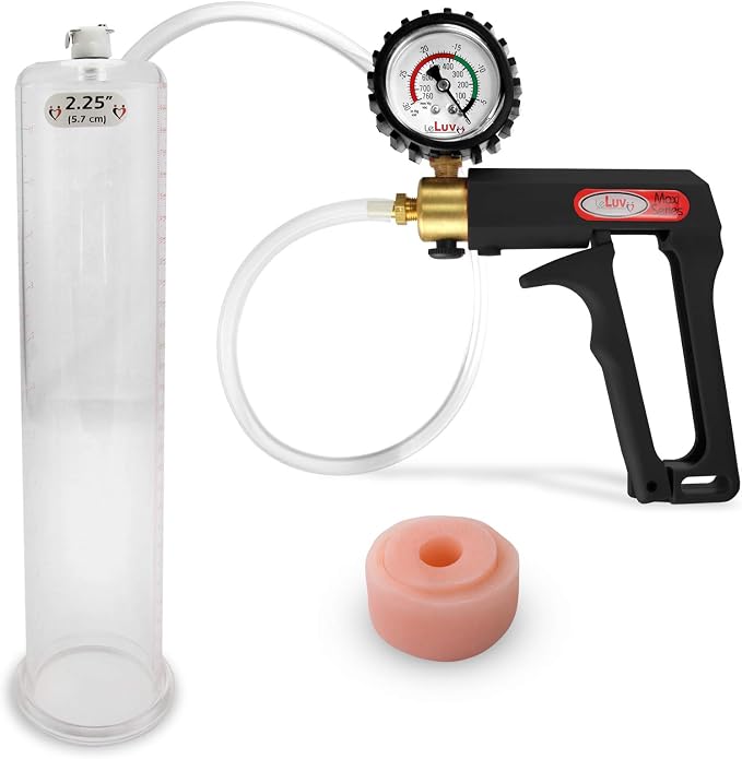 LeLuv Penis Pump Maxi Black Handle + Protected Gauge - Bundle with Clear Hose, Silicone Donut Seal - 12 inch Length x 2.25 inch Diameter Cylinder