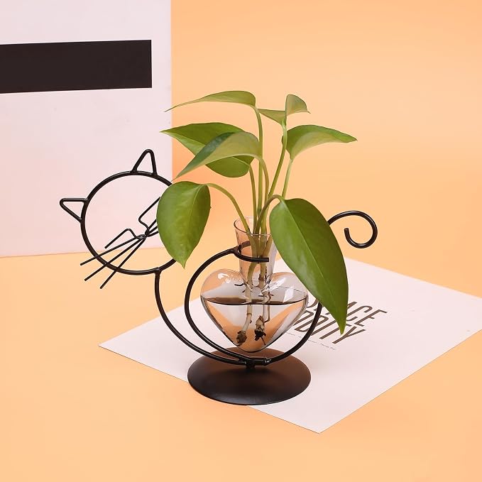 Plant Terrarium Plant Propagation Station Cat Lover Gifts for Women | Plant Lovers Home Office Decor Cat Desk Accessories