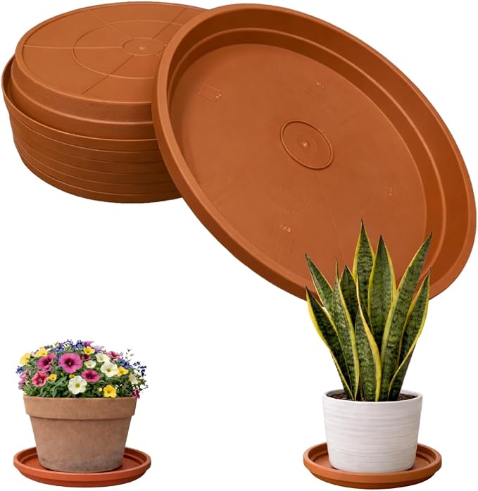 10 Inch Plant Pot Tray USA Made – Durable Plastic Flower Pot Saucer – Plant Water Catcher for Indoor Outdoor Garden (6, Classic Terracotta)