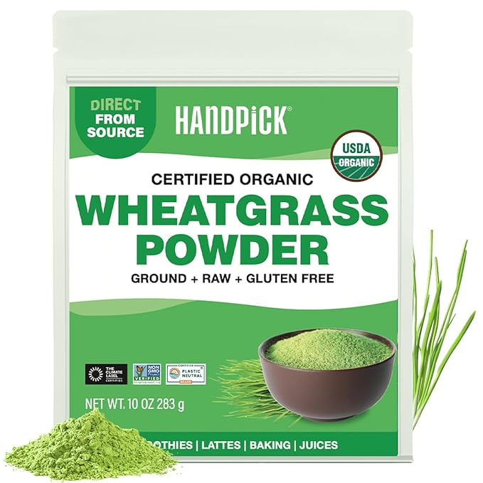 HANDPICK USDA Organic Wheatgrass Powder (10oz) Rich Green Powder - Lab Tested | 100% Whole Leaf | Gluten Free, Non-GMO | No Sugar, No Artificial Ingredients | Resealable Pouch (Packaging may vary)