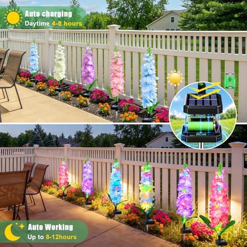 Solar Garden Lights Outdoor 4 Pack, Waterproof Solar Flower Stake Lights 80 LED Delphinium Flowers, 2 Modes, Outdoor Decor for Yard, Patio, Lawn, Flower Beds, Gifts for Mom Women - Image 3