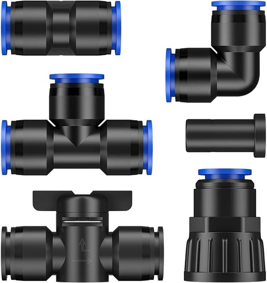 Pawfly 20 Pcs Quick Connect Drip Irrigation Fittings Kit for 1/2" Tubing (0.62-0.63" OD), Drip Line Connectors Set with 4 Tees 4 Couplings 4 Elbows 4 End Plugs 2 Shut Off Valves & 2 Faucet Adapters