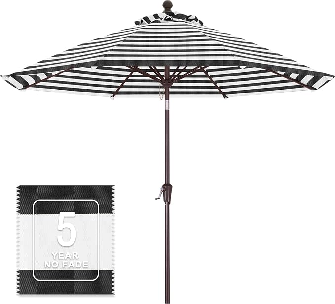 MASTERCANOPY Olefin 5-Year-Non-Fading 9ft Patio Umbrella with Tilt and Crank, Large UV Resistant Outdoor Table Umbrella with 8 Fiberglass Ribs for Deck, Yard & Market, Black & White
