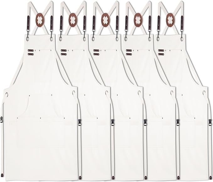 5 Pack Kitchen Apron, Work Apron, Canvas Apron, White | Multiple Pockets, Gardening, Painting, BBQ, Artist, Carpenter, Sizes M to XXL