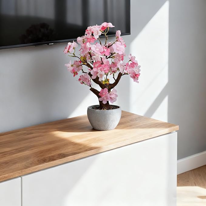 TOARTi Artificial Pink Cherry Blossom Potted Plant with Stone Pot, 13.4" Tall Fake Flowers Faux Plant Desk Decor, Realistic Decorative Plants Indoor Decor for for Home Bedroom Bathroom Office Desk